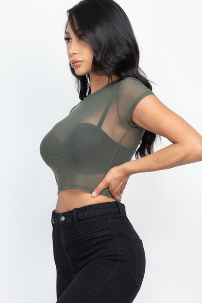 Mesh Sheer Blouse Crop Top - Olive
