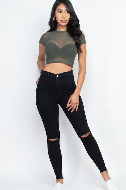 Mesh Sheer Blouse Crop Top - Olive