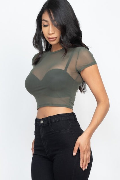 Mesh Sheer Blouse Crop Top - Olive