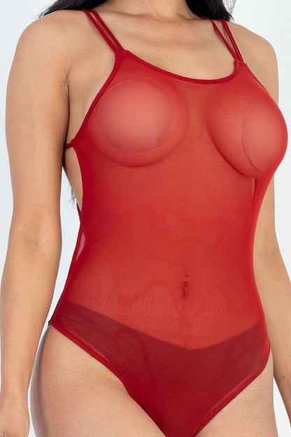 Poly Mesh Crisscross Backless Bodysuit - Rust