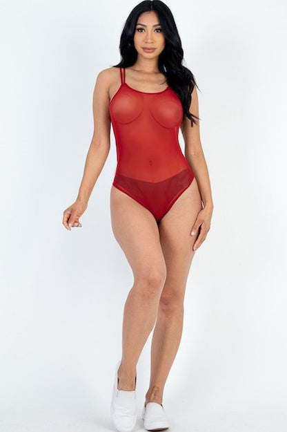 Poly Mesh Crisscross Backless Bodysuit - Rust