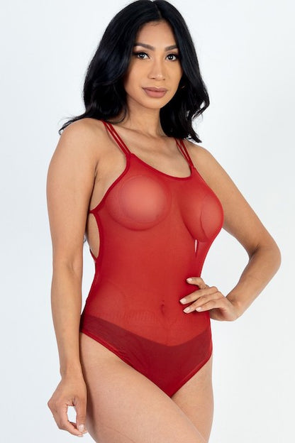 Poly Mesh Crisscross Backless Bodysuit - Rust