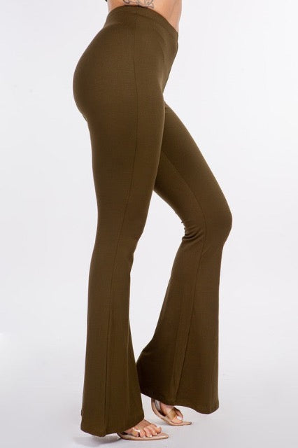 Solid Flared Long Pants With Waist Band Detail - Olive