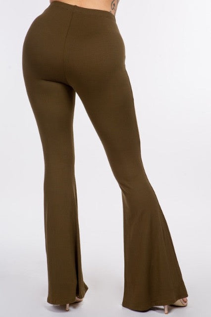 Solid Flared Long Pants With Waist Band Detail - Olive - Back View