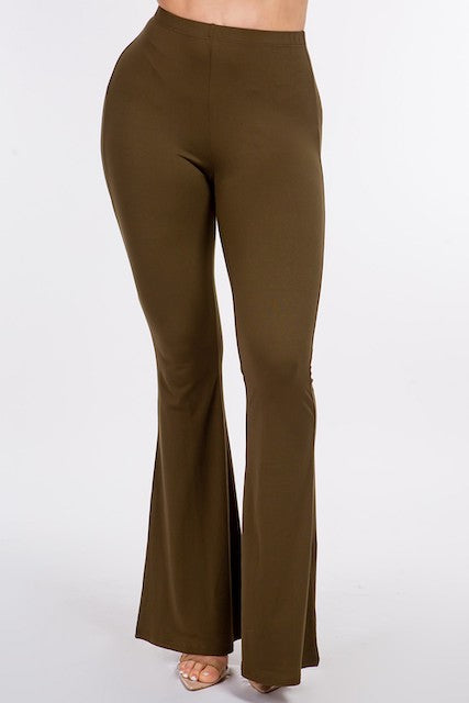 Solid Flared Long Pants With Waist Band Detail - Olive