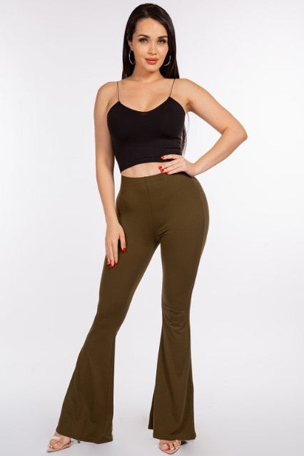 Solid Flared Long Pants With Waist Band Detail - Olive