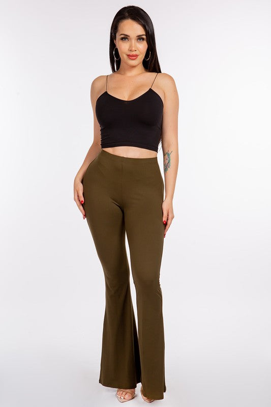 Solid Flared Long Pants With Waist Band Detail - Olive