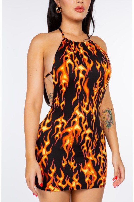 Fire Print Mini Dress With Open Back