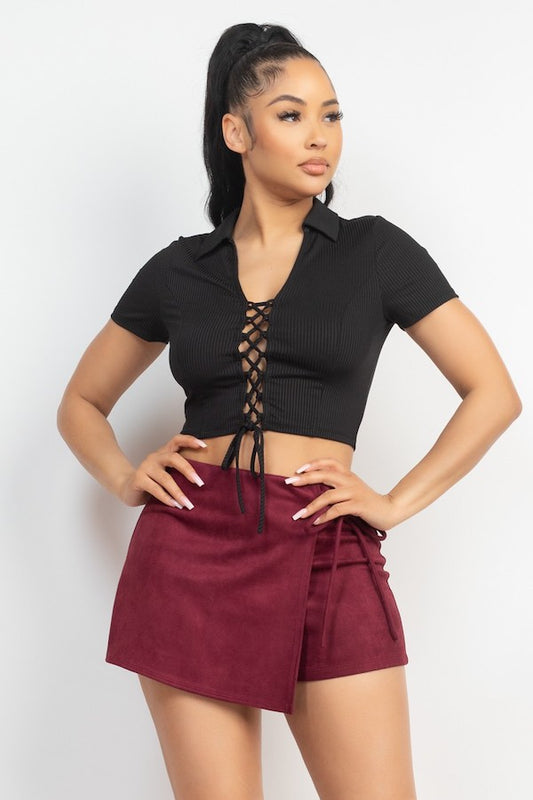 Collared Front Lace-Up Crop Top - Black