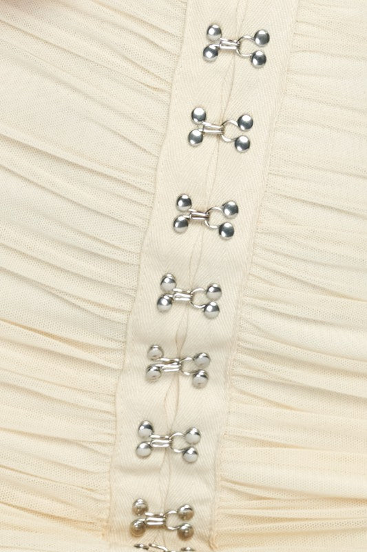 Ruched Corset Bodycon Dress With Silver Hardware - Cream - Close Up