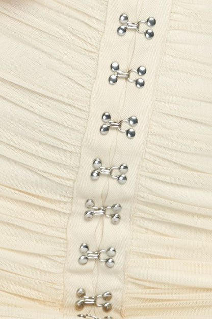 Ruched Corset Bodycon Dress With Silver Hardware - Cream - Close Up