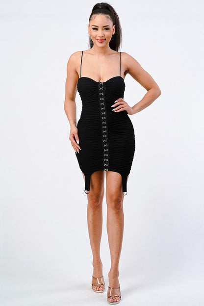 Ruched Corset Bodycon Dress With Silver Hardware - Black