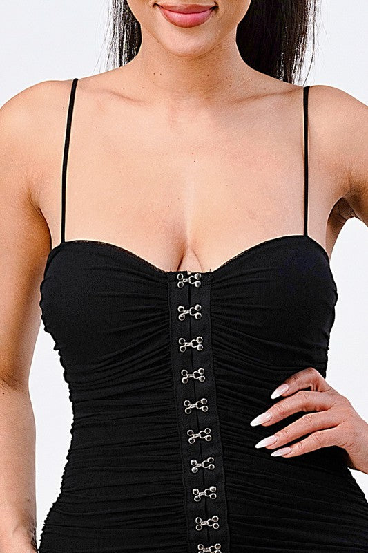 Ruched Corset Bodycon Dress With Silver Hardware - Black - Close Up