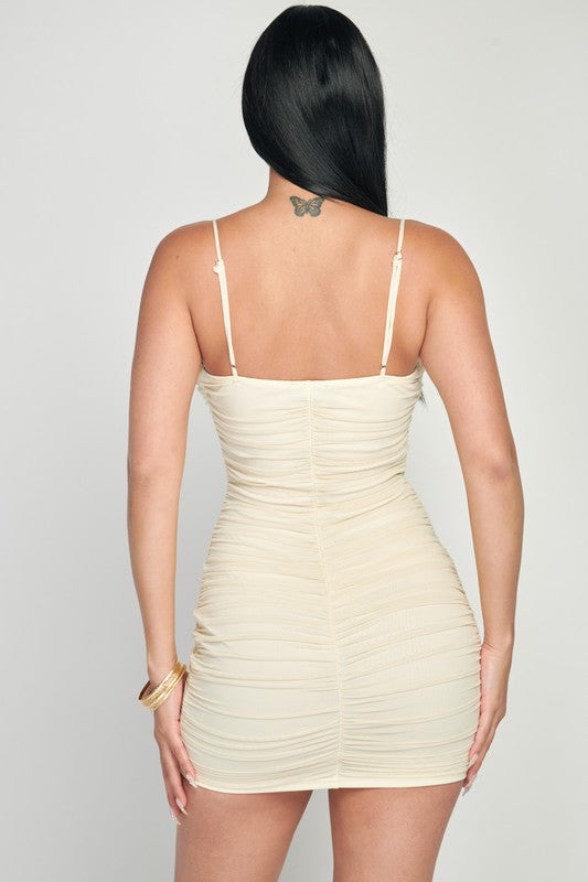 Ruched Corset Bodycon Dress With Silver Hardware - Cream - Back View