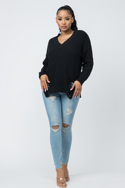 Oversized Knit Front And Back Distressed Sweater