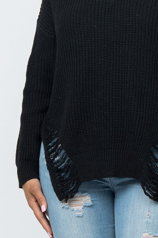 close up of Oversized Knit Front And Back Distressed Sweater