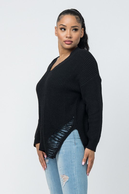 side of Oversized Knit Front And Back Distressed Sweater