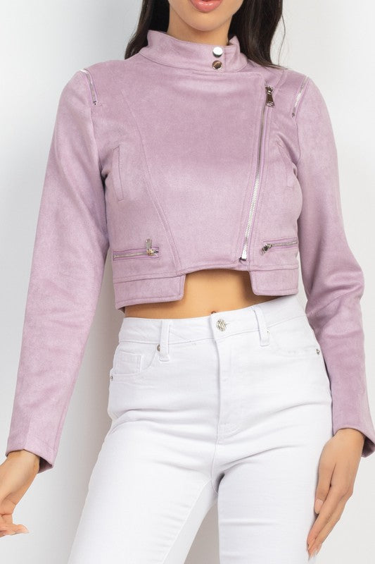 Suede Zippered Mock Neck Biker Jacket in lavender color