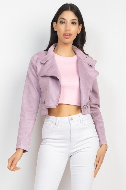 Suede Zippered Mock Neck Biker Jacket in lavender color