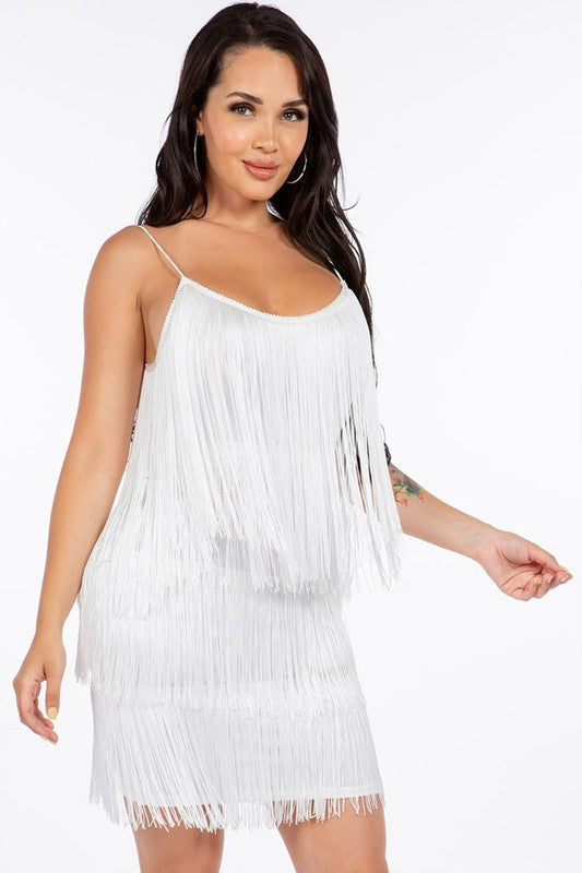 All Out Fringe Mini Dress - White