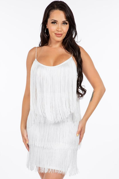 All Out Fringe Mini Dress - White