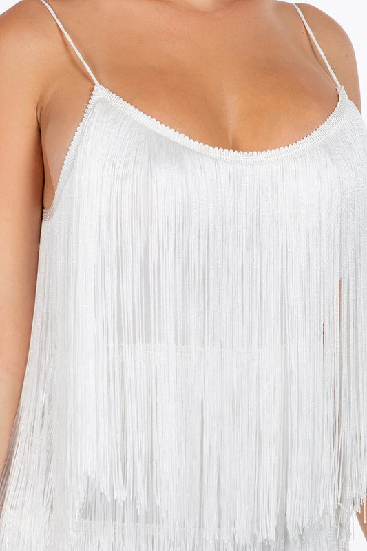 All Out Fringe Mini Dress - White - Close Up