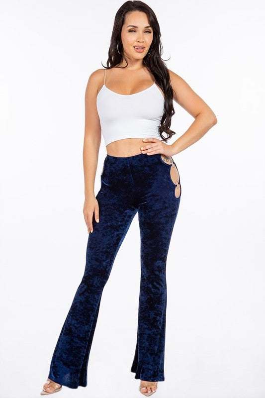 Velvet Bell Bottoms With Side Cut Out And Ring - Blue