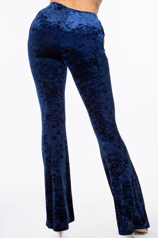 Velvet Bell Bottoms With Side Cut Out And Ring - Blue - Back View
