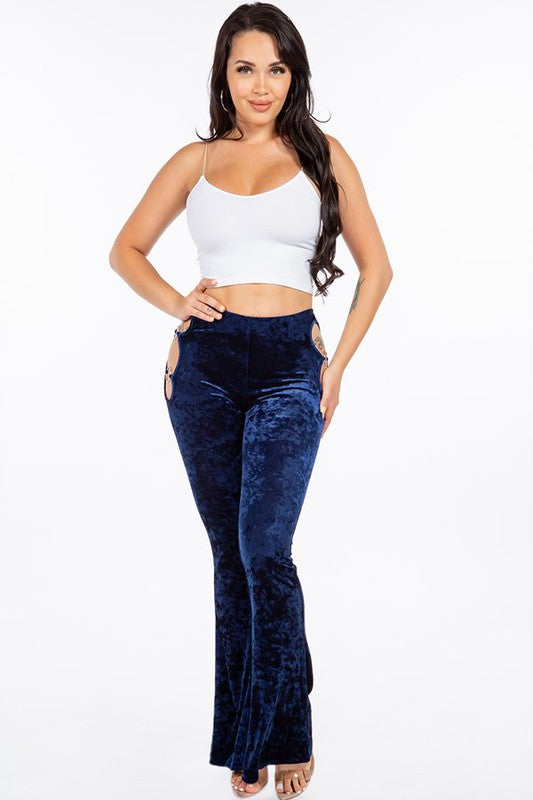 Velvet Bell Bottoms With Side Cut Out And Ring - Blue