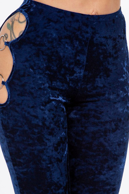Velvet Bell Bottoms With Side Cut Out And Ring - Blue - Close Up