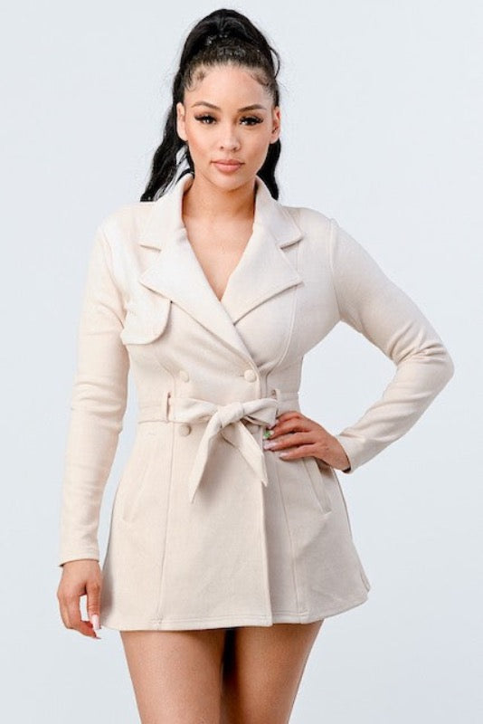 Faux Suede Double-Breasted Trench Coat Dress in cream color
