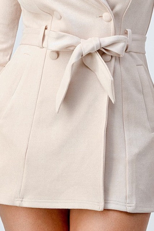 close up of Faux Suede Double-Breasted Trench Coat Dress in cream color