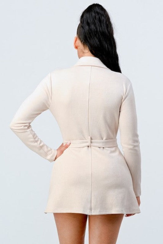 backside of Faux Suede Double-Breasted Trench Coat Dress in cream color