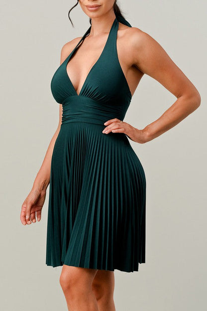 Monroe Halter Pleated Dress - Hunter Green