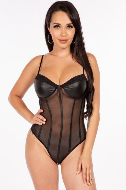Pu And Mesh Contrast Bodysuit With Corset Detail - Black