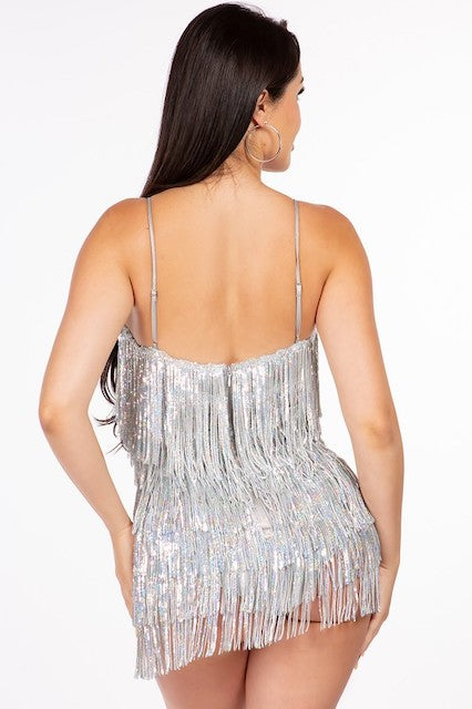 backside of V Shaped Sequin Fringe Panty Bodysuit Romper in silver color