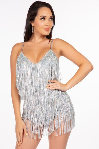 V Shaped Sequin Fringe Panty Bodysuit Romper in silver color