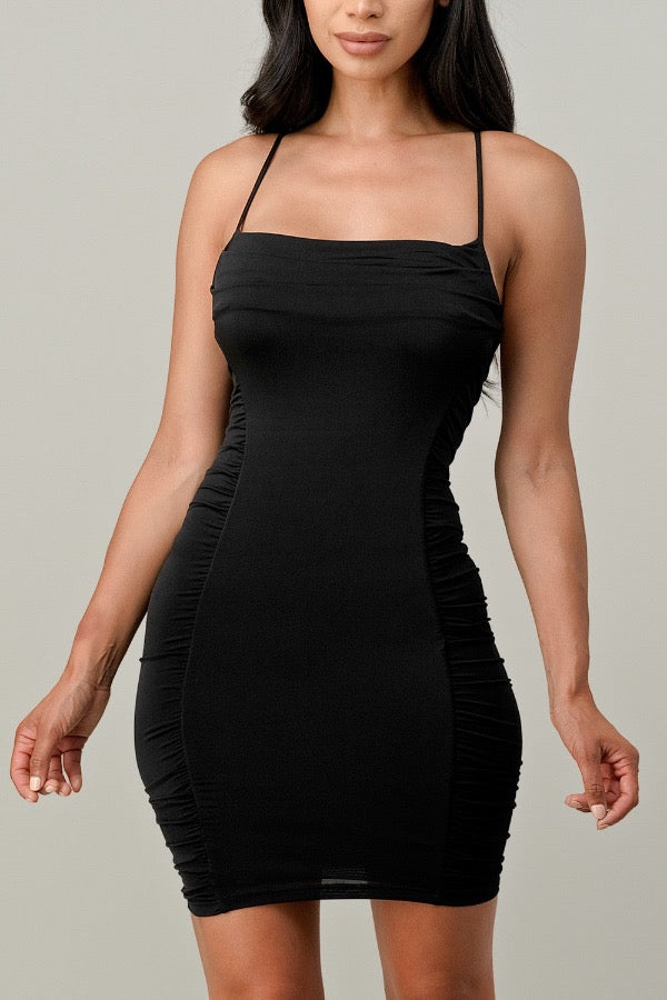 Classy Cowl Neck Ruched Dress - Black