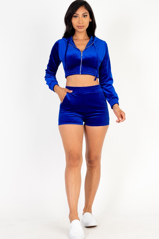Velour Crop Zip Up Hoodie and Shorts Set in royal blue color