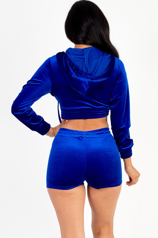 backside of Velour Crop Zip Up Hoodie and Shorts Set in royal blue color
