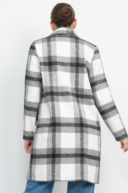 Plaid Single Breasted Coat - Black - Back View