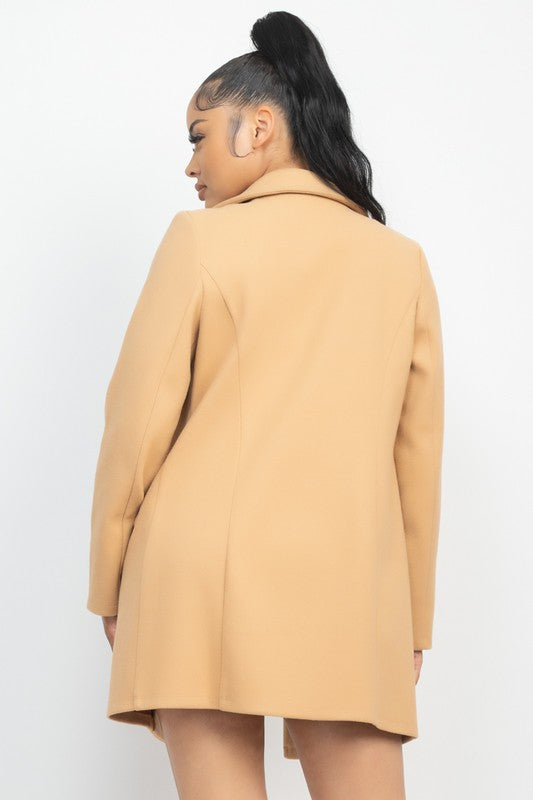 Back of Double-Breasted Solid Blazer Coat in Camel Color