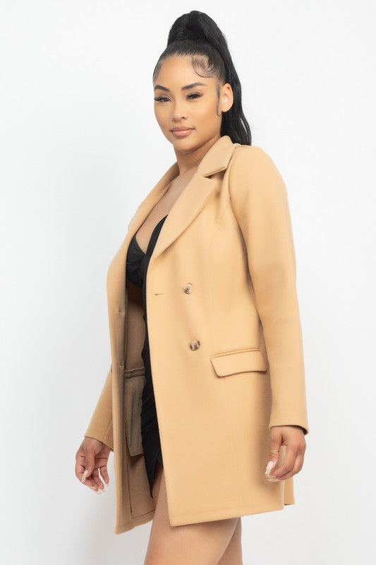 Double-Breasted Solid Blazer Coat in Camel Color