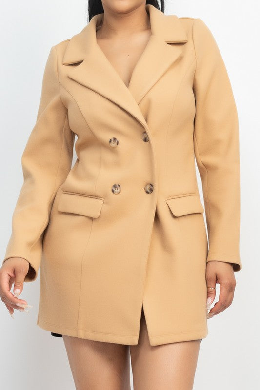 Double-Breasted Solid Blazer Coat in Camel Color