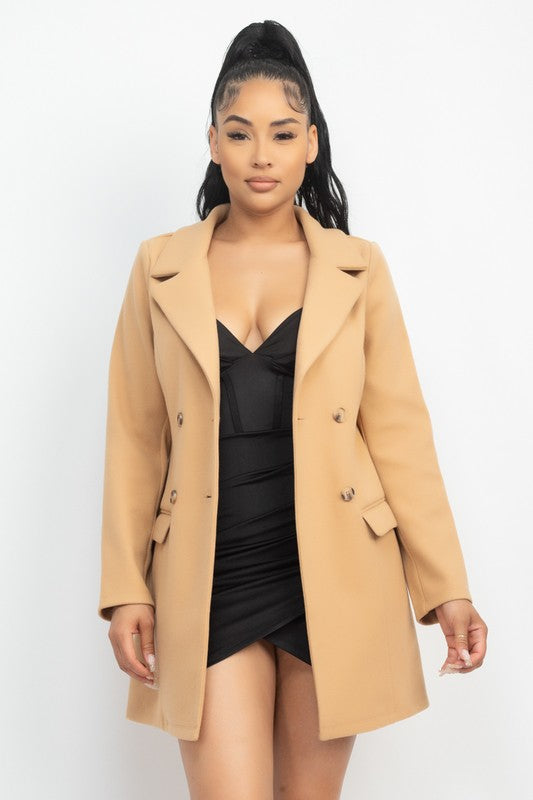 Double-Breasted Solid Blazer Coat in Camel Color