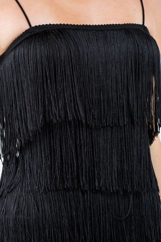 Close up of Fringe Tiered Sleeveless Romper in Black 