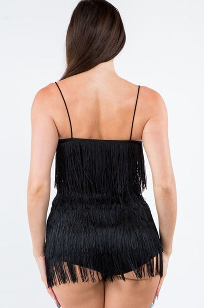 Back of Fringe Tiered Sleeveless Romper in Black 