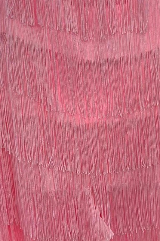 Close up of Fringe Tiered Sleeveless Romper in Hot Pink 
