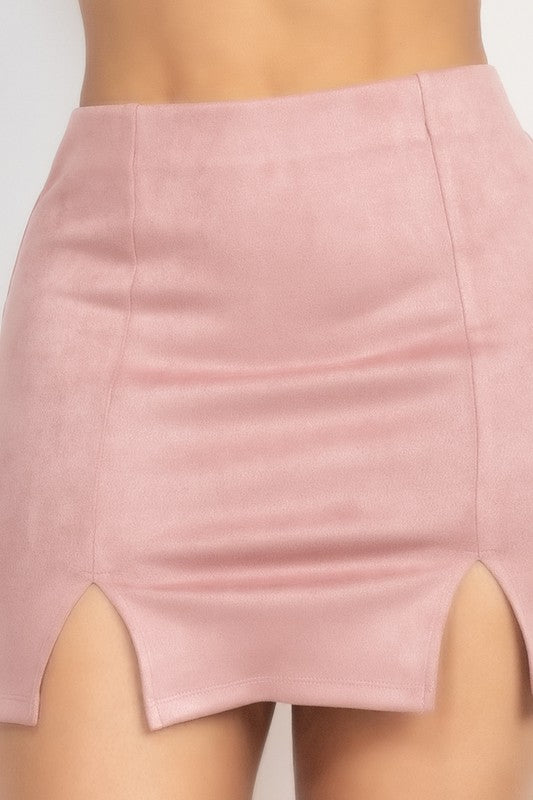 Double-Slit Faux Suede Skirt - Pink