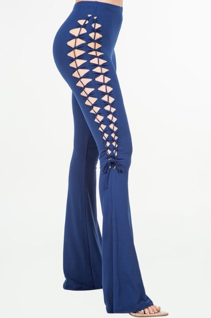 Side Cut Out And Lace Up Bell Bottom Pants - Blue